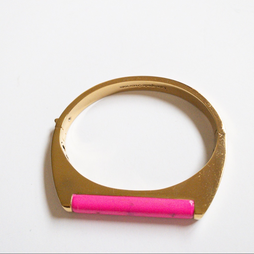 Kate Spade Gold Bangle Bracelet Pink Enamel Accent Hinged Cuff